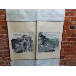 TWO CHINESE SCROLL PAINTINGS, ONE PAINTED WITH A VIEW OF A PAVILION THROUGH ROCKS ARRANGED IN A