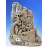 A CHINESE SOAPSTONE PANEL CARVED WITH A DREAM OF FIVE FIGURES EMANATING FROM A GOURD TO RIDE