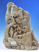 A CHINESE SOAPSTONE PANEL CARVED WITH A DREAM OF FIVE FIGURES EMANATING FROM A GOURD TO RIDE