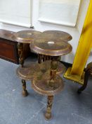 A KASHMIRI FLORAL LACQUERED TREFOIL TWO TIER TABLE WITH OPEN WORK LEGS AND DISC FEET. W 46 x D 46