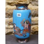 A JAPANESE BLUE GROUND CLOISONNE VASE WORKED WITH TWO WARRIORS BELOW A TREE. H 30.5cms.