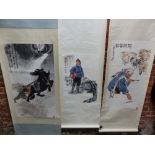 A CHINESE SCROLL PAINTING OF A SOLDIER PUSHING A HORSE AWAY FROM AN APPROACHING TRAIN. 99.5 x 55cms.