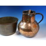 A BRASS JAM PAN. Dia. 31cms. SIX VARIOUS FIRE UTENSILS AND A COPPER JUG. H 28cms.