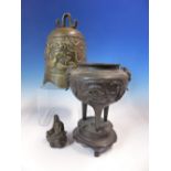 A CHINESE BRONZE BELL. H 20cms. A BRONZE INCENSE BURNER. H 17cms. TOGETHER WITH A BRONZE FIGURE OF