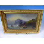 LATE 19th.C. ENGLISH SCHOOL. A ROCKY COASTLINE. OIL ON GLASS, INDISTINCTLY SIGNED. 12 x 20cms.