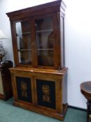 A 19th C. WALNUT DISPLAY CABINET, THE DOORS TO THE UPPER HALF GLAZED BETWEEN ORMOLU FOLIAGE