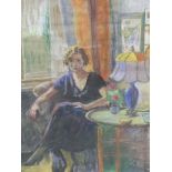 ERNA PLACHTE (1893-1986). ARR. PORTRAIT OF A LADY SEATED BY A WINDOW. COLOURED CHALKS. 48 x 39cms.