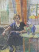 ERNA PLACHTE (1893-1986). ARR. PORTRAIT OF A LADY SEATED BY A WINDOW. COLOURED CHALKS. 48 x 39cms.