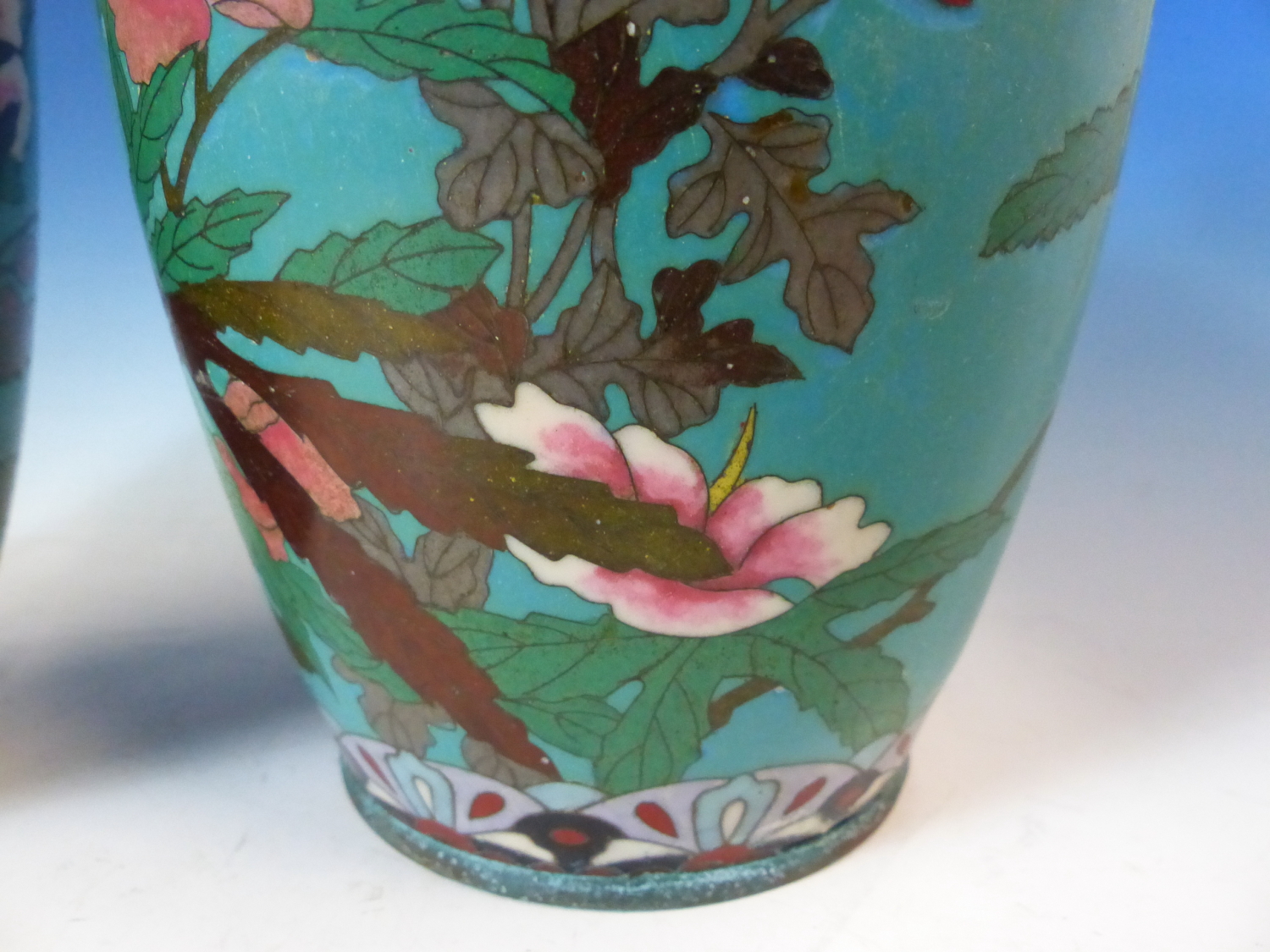 A PAIR OF JAPANESE CLOISONNE VASES WORKED WITH BIRDS AND FLOWERS ON A GREEN TURQUOISE GROUND. H - Image 7 of 11