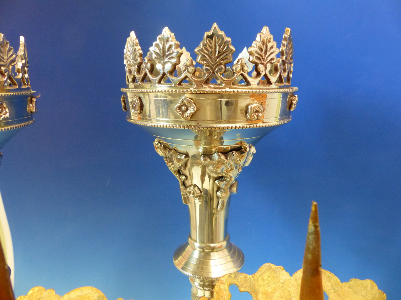 A PAIR OF NEOGOTHIC SILVERED PRICKET CANDLESTICKS. H 48.5cms. A PAIR OF PARCEL GOLD PAINTED BRASS - Image 5 of 6