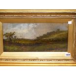 19th.C. ENGLISH SCHOOL. A RURAL LANDSCAPE WITH SHEEP AND CATTLE. OIL ON CANVAS. 21 x 41cms.
