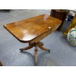 A 19th C. MAHOGANY GAMES TABLE, THE RECTANGULAR TOP SWIVEL OPENING TO REVEAL A BAIZE INSET, THE