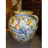 AN ITALIAN MAJOLICA TWO HANDLED WET DRUG JAR LABELLED MESIMUS AMONGST COLOURED FRUIT AND FLOWERS.