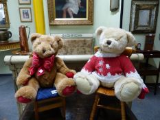 TWO HARRODS TEDDY BEARS DATED ON THE PAWS FOR 1997 AND 2008, BOTH TRIMMED AND CLOTHED IN SANTA CLAUS