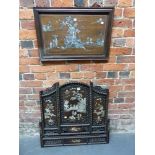 A CHINESE MOTHER OF PEARL INLAID HARDWOOD TRIPTYCH PANEL DEPICTING FIGURES IN LANDSCAPES AND ABOUT A