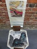 TWO CHINESE SCROLL PAINTINGS, ONE WITH A GIRL WITH FIVE BIRDS ON A RICE TERRACE. 46.5 x 49.5cms. THE