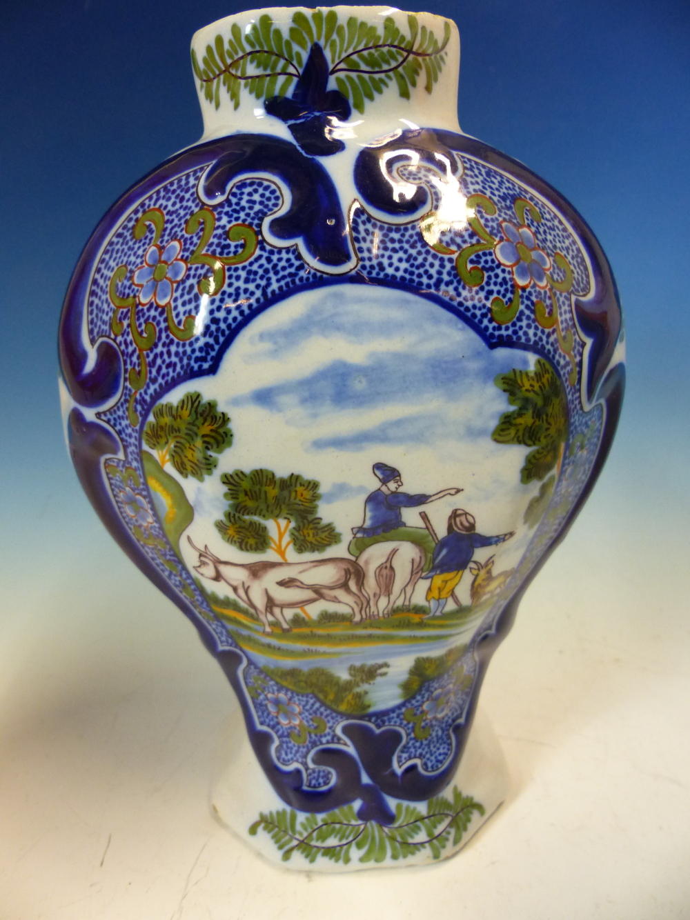TWO 19th C. DUTCH DELFT POLYCHROME VASES AND COVERS OF FLATTENED BALUSTER SHAPE, ONE PAINTED WITH - Image 5 of 14
