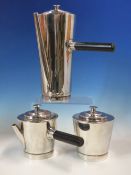 AN ART DECO ELECTROPLATE THREE PIECE COFFEE SET, THE TAPERING CYLINDRICAL SHAPES WITH STEPPED LIFT
