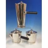 AN ART DECO ELECTROPLATE THREE PIECE COFFEE SET, THE TAPERING CYLINDRICAL SHAPES WITH STEPPED LIFT