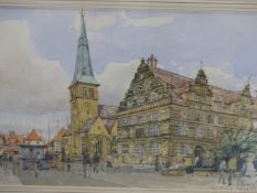 KEN HOWARD (b. 1932). ARR. VIEW OF HAMELN. SIGNED WATERCOLOUR. 36 x 54cms.