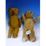 TWO VINTAGE TEDDY BEARS, THE TALLER WELL LOVED. H 38cms.