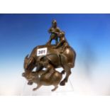 A CHINESE BRONZE GROUP OF THREE CHILDREN RIDING A WATER BUFFALO AND ITS CALF. H 19cms.