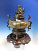 A CHINESE CHAMPLEVE BRONZE TWO HANDLED INCENSE BURNER, COVER AND WOOD STAND, THE BUN SHAPED BODY