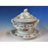 A PAIR OF 19th C. ENGLISH PORCELAIN TWO HANDLED SOUP TUREENS, COVERS AND STANDS PAINTED WITH