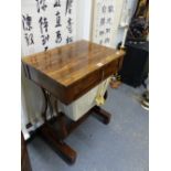 A VICTORIAN ROSEWOOD WORK TABLE, A DRAWER ABOVE THE WORK BAG BETWEEN LYRE ENDS ON PLINTHS WITH PAIRS