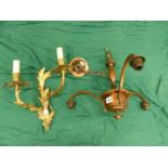 A COPPER THREE LAMP CHANDELIER. H 39cms. TOGETHER WITH AN ORMOLU TWO BRANCH WALL LIGHT CASE WITH