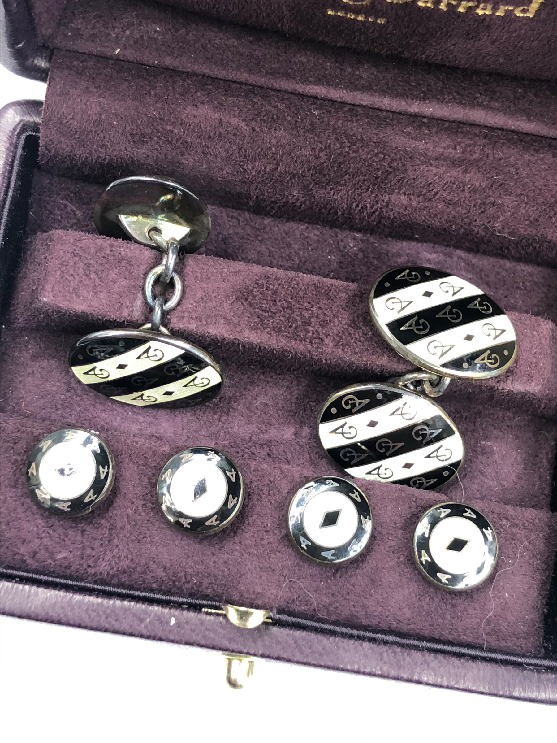 AN ASPREY & GARRARD HALLMARKED SILVER AND MONOGRAM ENAMEL CUFFLINK AND DRESS STUD CASED SET TOGETHER - Image 4 of 7