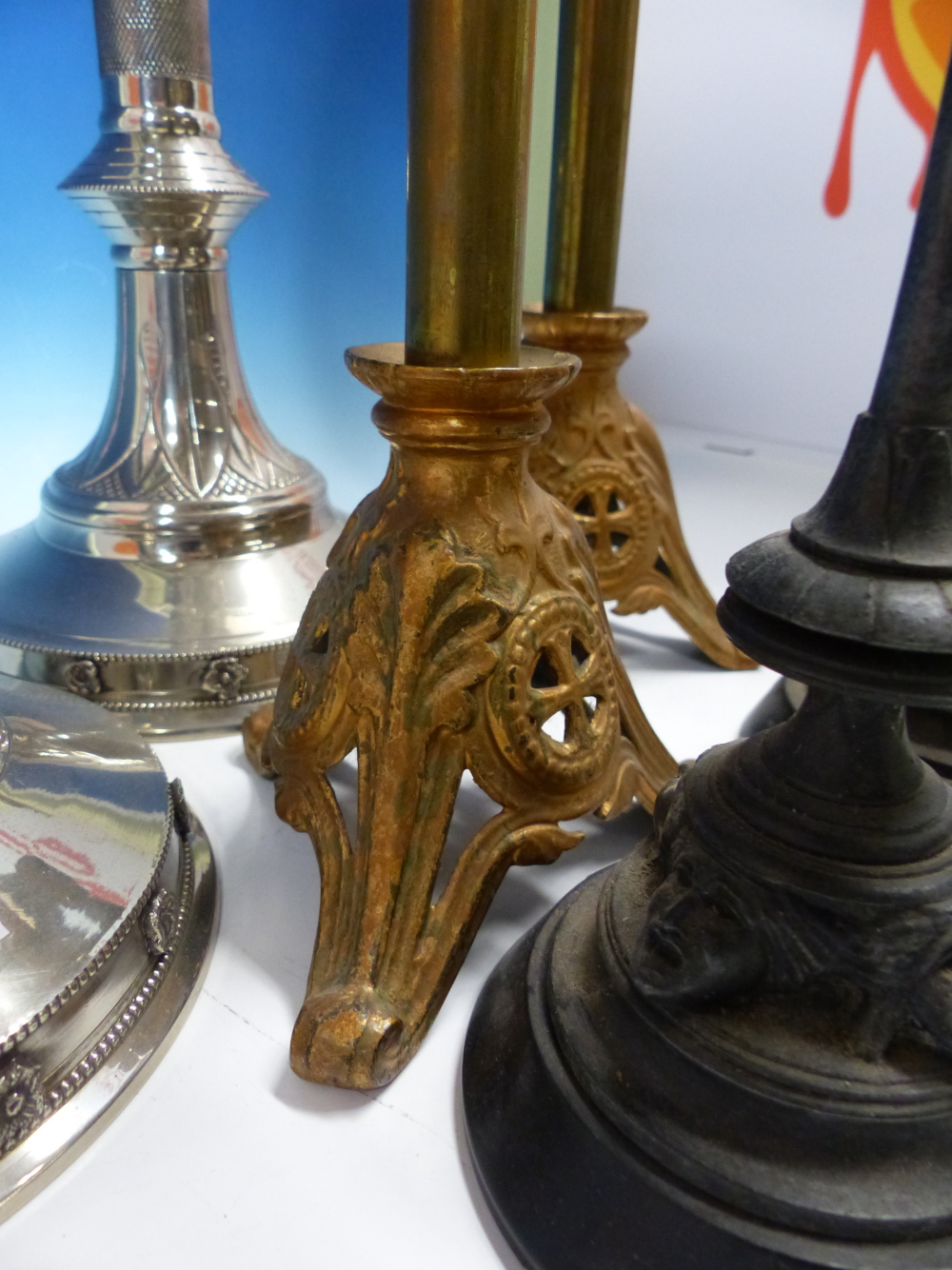 A PAIR OF NEOGOTHIC SILVERED PRICKET CANDLESTICKS. H 48.5cms. A PAIR OF PARCEL GOLD PAINTED BRASS - Image 3 of 6