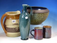 A COLLECTION OF FIVE STUDIO POTTERY WARES, TO INCLUDE: A PAIR OF SELBORNE POTTERY MUGS, A VICKY SHAW