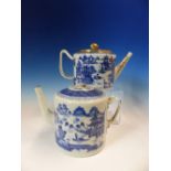 TWO LATE 18th/EARLY 19th C. CHINESE BLUE AND WHITE TEA POTS, BOTH THE CYLINDRICAL BODIES PAINTED