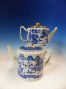 TWO LATE 18th/EARLY 19th C. CHINESE BLUE AND WHITE TEA POTS, BOTH THE CYLINDRICAL BODIES PAINTED