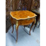 A FRENCH BURR WALNUT POUDREUSE, THE SHAPED RECTANGULAR LID CROSS BANDED IN YEW WOOD WITHIN THE