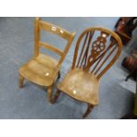 TWO COUNTRY PLANK SEAT CHILDRENS CHAIRS, ONE OF OXFORD TYPE AND THE OTHER WHEEL BACKED, BOTH ON