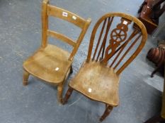 TWO COUNTRY PLANK SEAT CHILDRENS CHAIRS, ONE OF OXFORD TYPE AND THE OTHER WHEEL BACKED, BOTH ON