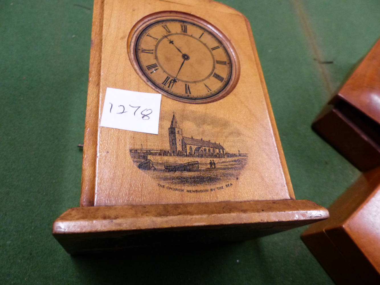 THREE MAUCHLINE WARE BOXES TOGETHER WITH TWO MONEY BOXES, THE LARGEST OF CLOCK FORM. H 11.5cms. - Image 5 of 9