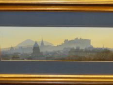 IAN. S. JOHNSTONE (CONTEMPORARY SCHOOL). ARR. EDINBURGH CASTLE. SIGNED, OIL ON BOARD. 15 x 45cms.