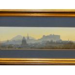 IAN. S. JOHNSTONE (CONTEMPORARY SCHOOL). ARR. EDINBURGH CASTLE. SIGNED, OIL ON BOARD. 15 x 45cms.