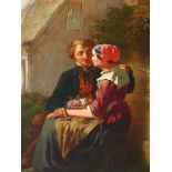 19th.C. CONTINENTAL SCHOOL. THE COURTSHIP. INDISTINCTLY SIGNED, INSCRIBED VERSO, OIL ON PANEL. 25