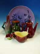 A COLLECTION OF SIX LINTHORPE POTTERY WARES, THE COFFEE POT, A TWO HANDLED BOWL AND SPICE BOWL