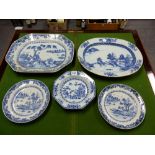 TWO 18th C. CHINESE BLUE AND WHITE PLATTERS, THE SMALLER OVAL. W 39.5cms. TOGETHER WITH THREE BLUE