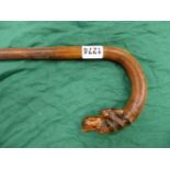 A VINTAGE WALKING STICK , THE HANDLE CARVED WITH DOGS HEAD AND WITH GLASS EYES . 93 CM LONG