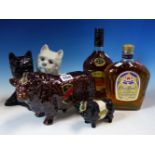 WHISKY, A 70CL BOTTLE OF CROWN ROYAL WHISKY, RUTHERFORDS WHISKY WITHIN A BULL SHAPED CONTAINER AND A