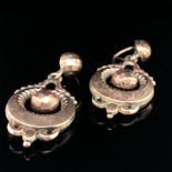 ANTIQUE 9ct OLD GOLD ORNATE DROP EARRINGS WITH A BALL DROP CENTRE THAT IS NOT GOLD. WEIGHT 2.9grms.