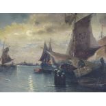 W. BUTTLER (19th.C. SCHOOL). A MOONLIT ESTUARY WITH FISHING BOATS. SIGNED OIL ON CANVAS. 38 x 59cms.