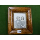 A HAND TINTED PORTRAIT MINIATURE OF MR ALLEN AND HIS DAUGHTER MARTHA IN A VICTORIAN BURR WOOD FRAME,