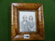 A HAND TINTED PORTRAIT MINIATURE OF MR ALLEN AND HIS DAUGHTER MARTHA IN A VICTORIAN BURR WOOD FRAME,